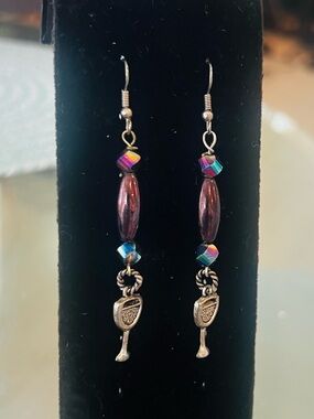 Handcrafted Vintage Purple Bead Wine Glass Charm Drop Earrings
